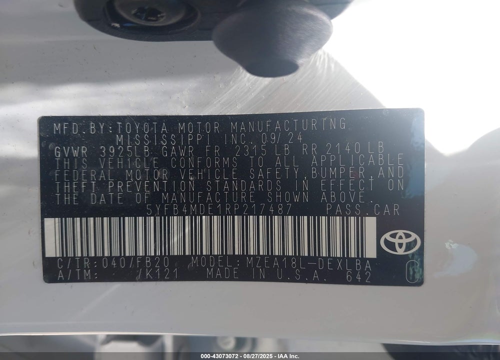 2024 TOYOTA COROLLA LE VIN: 5YFB4MDE1RP217487