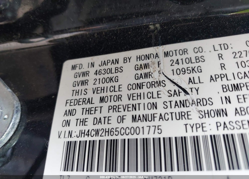 2012 ACURA TSX VIN: JH4CW2H65CC001775