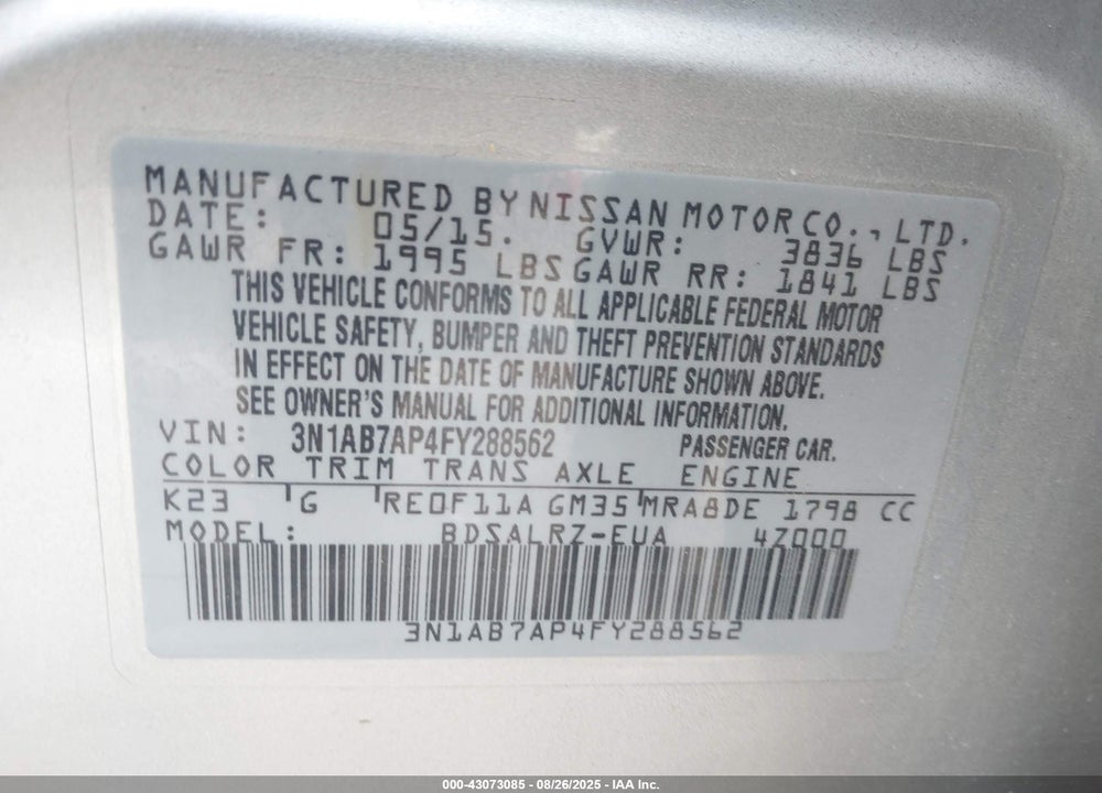 2015 NISSAN SENTRA SR VIN: 3N1AB7AP4FY288562