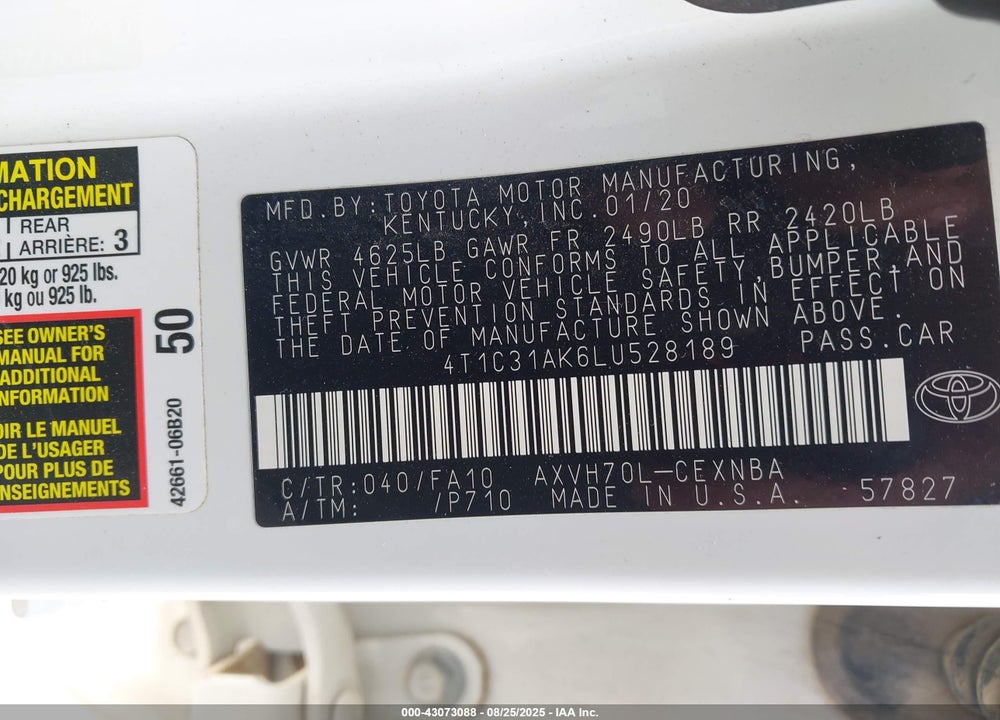 2020 TOYOTA CAMRY VIN: 4T1C31AK6LU528189