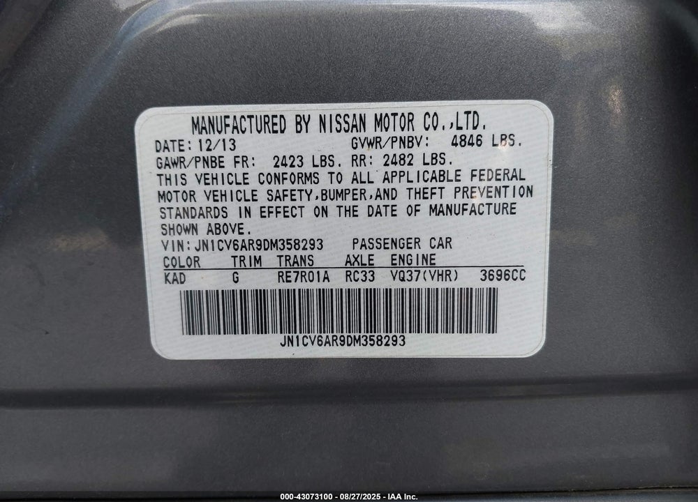 2013 INFINITI G37 VIN: JN1CV6AR9DM358293