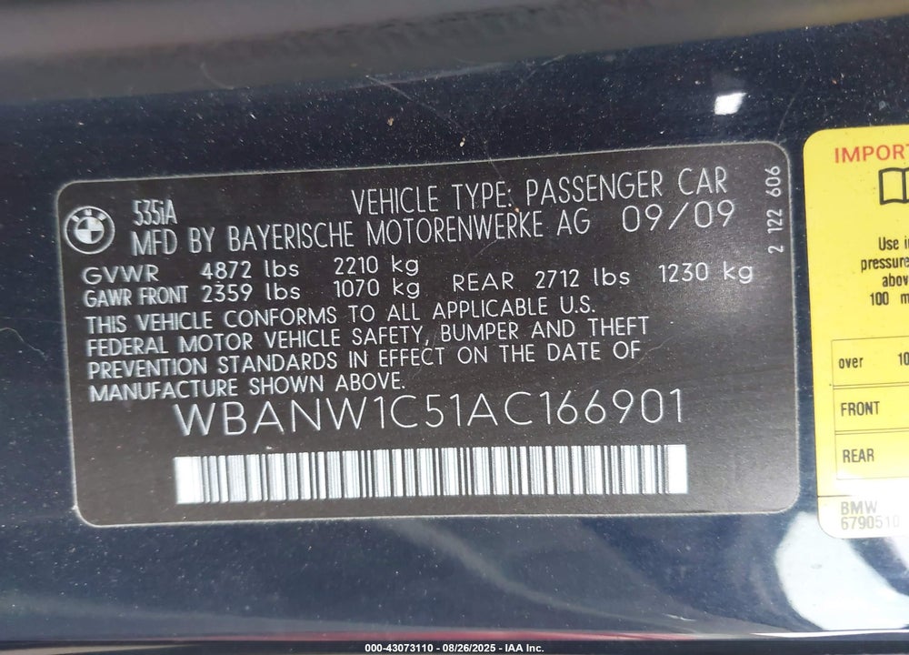 2010 BMW 535I VIN: WBANW1C51AC166901