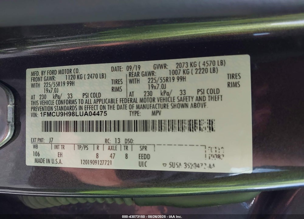 2020 FORD ESCAPE VIN: 1FMCU9H98LUA04475
