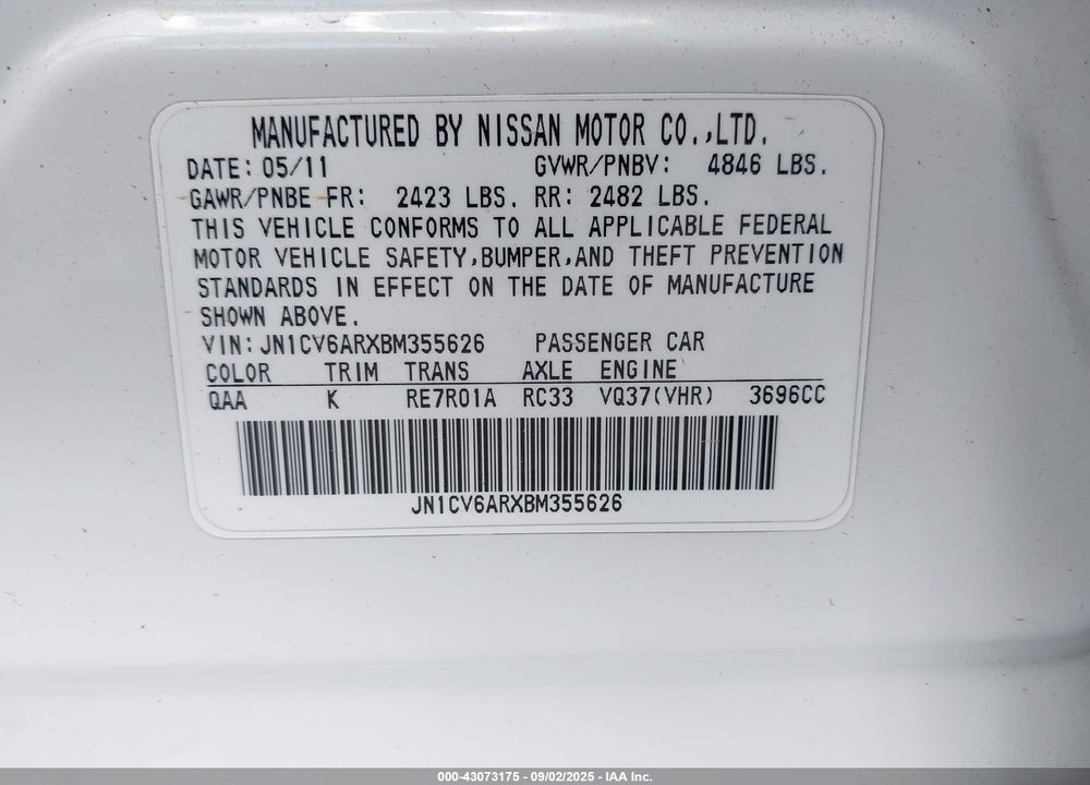 2011 INFINITI G37 VIN: JN1CV6ARXBM355626