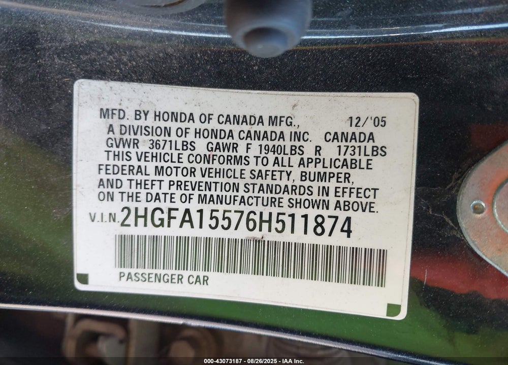 2006 HONDA CIVIC LX VIN: 2HGFA15576H511874