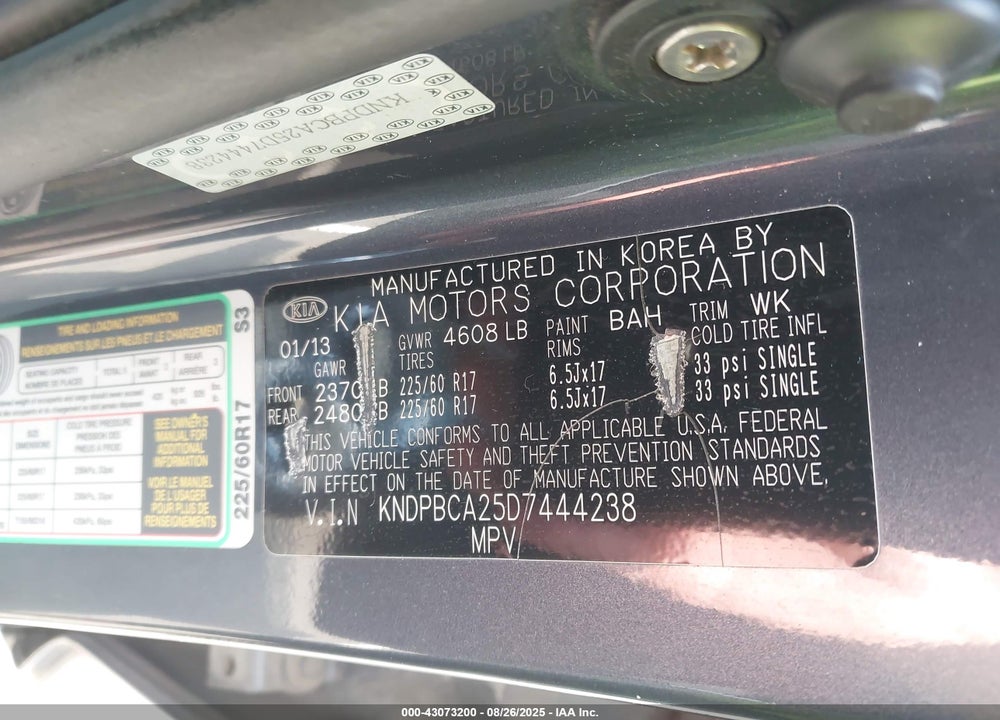 2013 KIA SPORTAGE VIN: KNDPBCA25D7444238