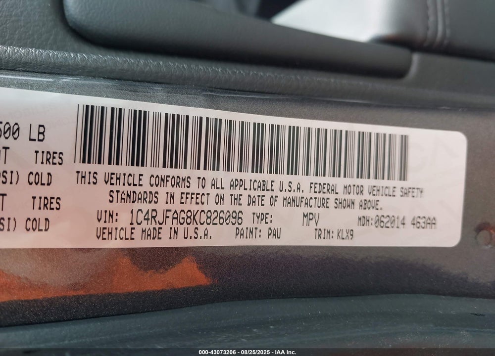 2019 JEEP GRAND CHEROKEE VIN: 1C4RJFAG8KC826096