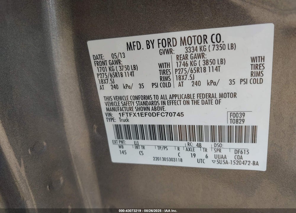 2013 FORD F-150 VIN: 1FTFX1EF0DFC70745