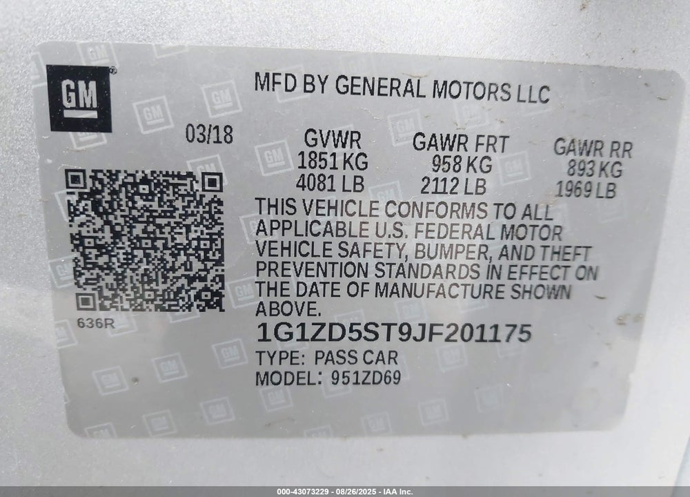 2018 CHEVROLET MALIBU LT VIN: 1G1ZD5ST9JF201175