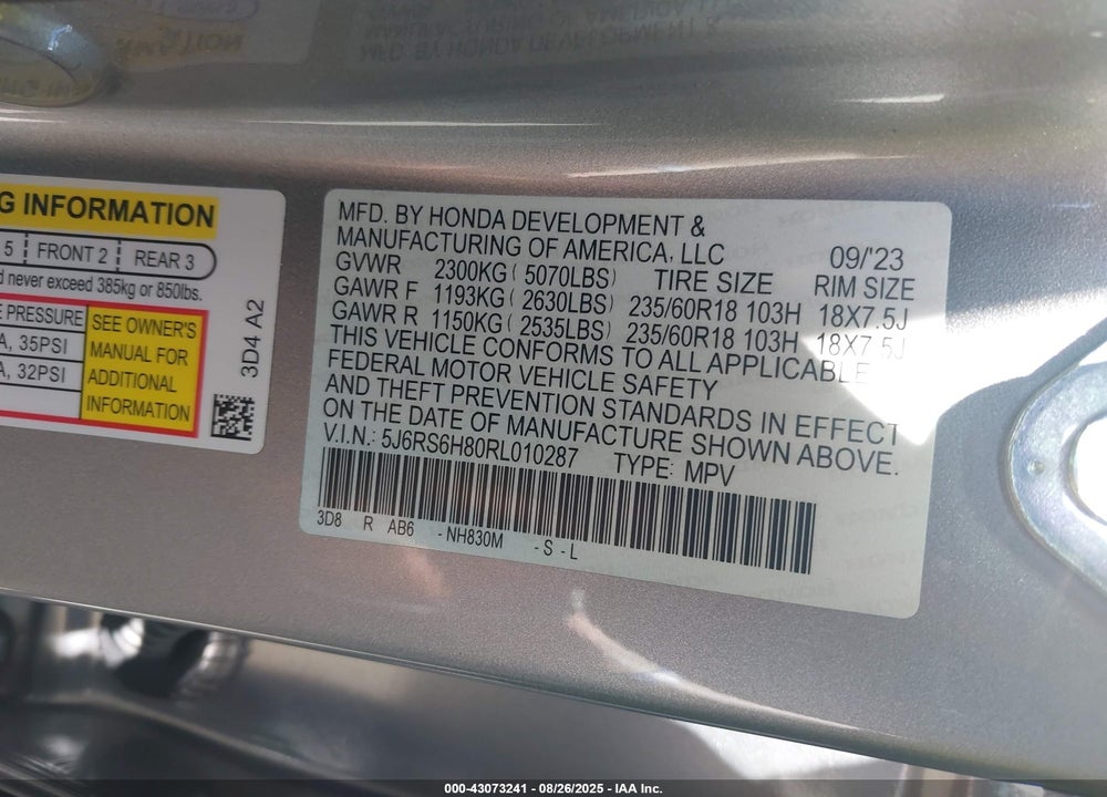 2024 HONDA CR-V VIN: 5J6RS6H80RL010287