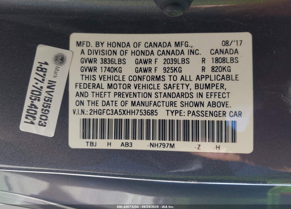 2017 HONDA CIVIC VIN: 2HGFC3A5XHH753685