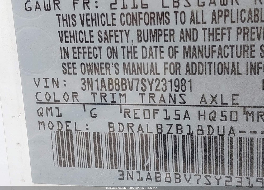 2025 NISSAN SENTRA S VIN: 3N1AB8BV7SY231981