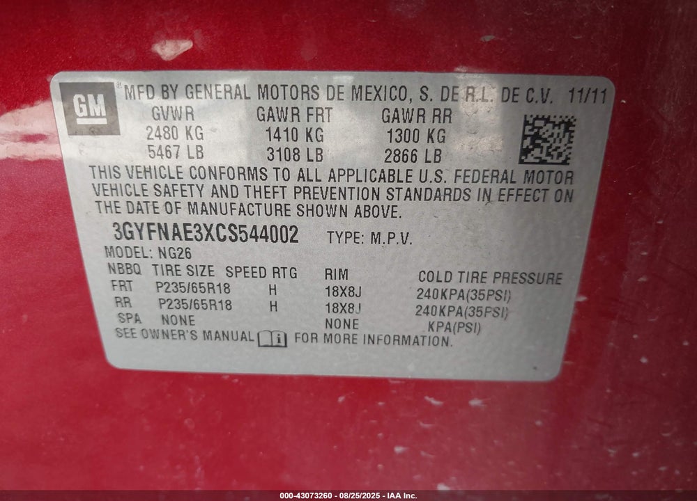 2012 CADILLAC SRX VIN: 3GYFNAE3XCS544002