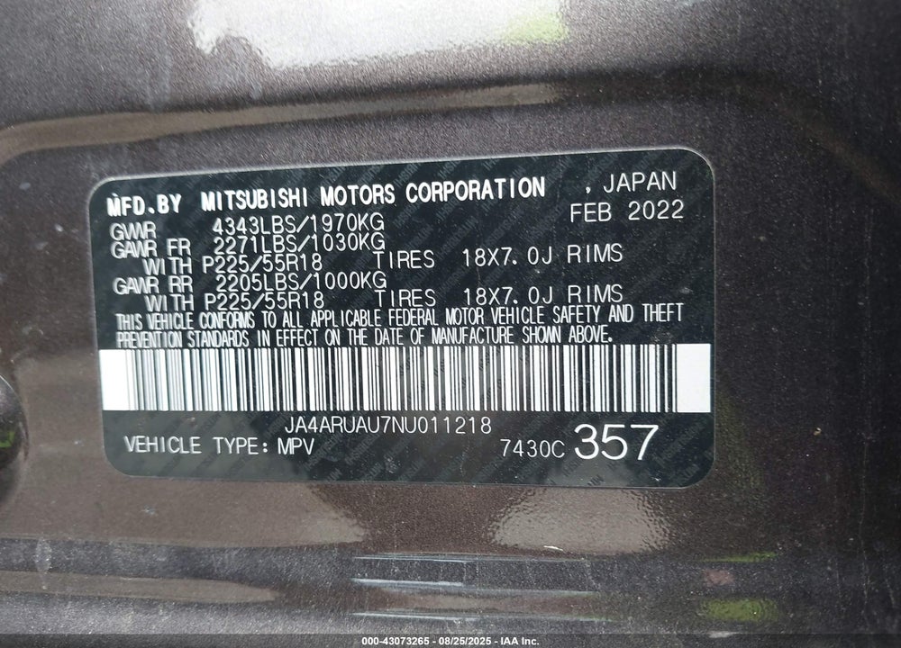 2022 MITSUBISHI OUTLANDER SPORT 2.0 LE AWC VIN: JA4ARUAU7NU011218