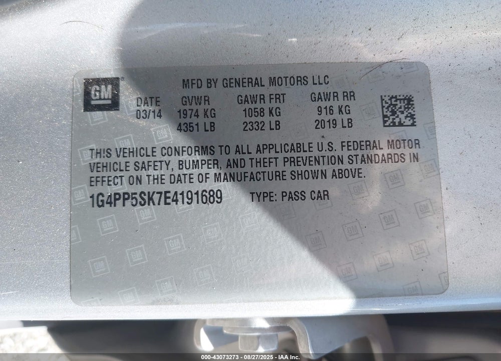 2014 BUICK VERANO VIN: 1G4PP5SK7E4191689
