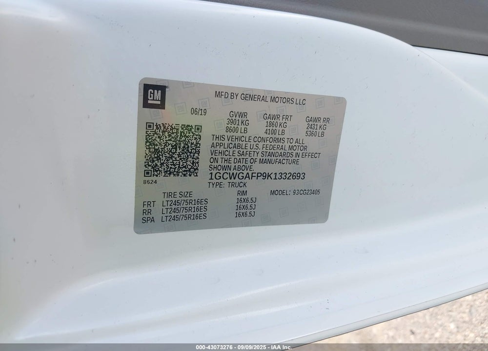 2019 CHEVROLET EXPRESS 2500 WORK VAN VIN: 1GCWGAFP9K1332693