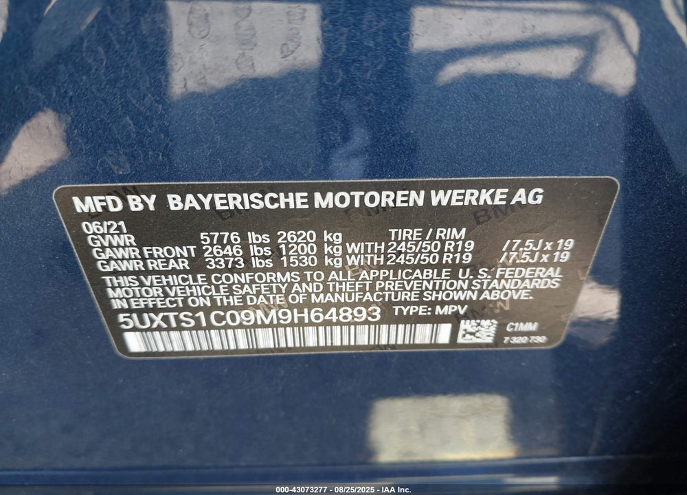 2021 BMW X3 VIN: 5UXTS1C09M9H64893
