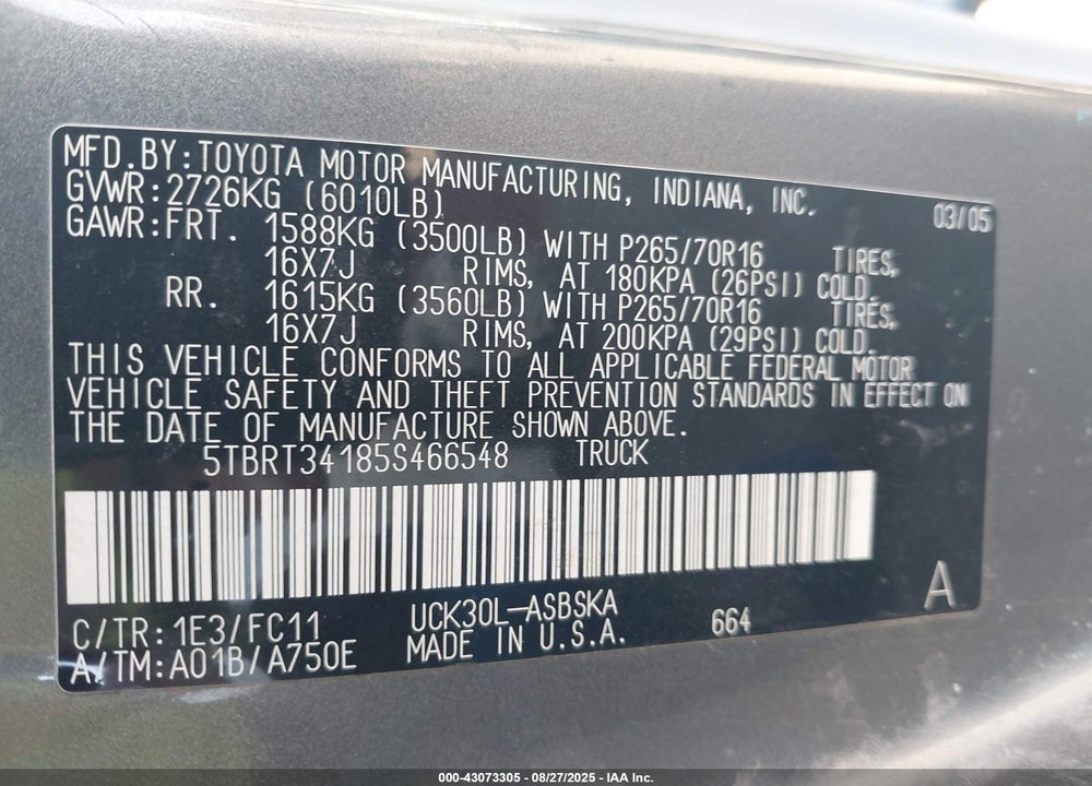 2005 TOYOTA TUNDRA SR5 V8 VIN: 5TBRT34185S466548