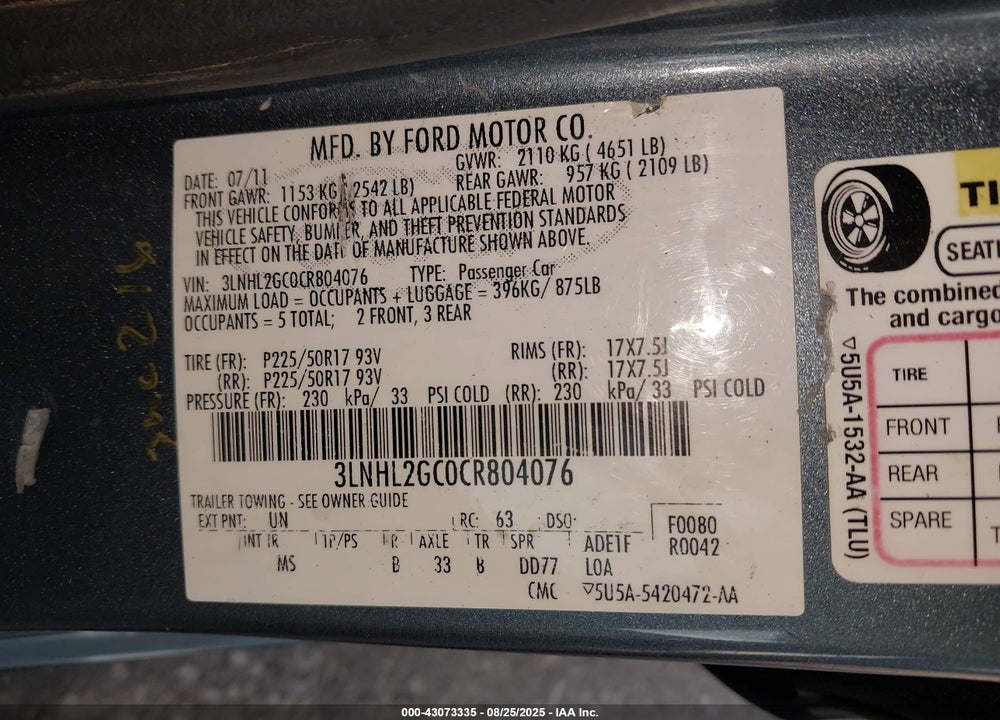 2012 LINCOLN MKZ VIN: 3LNHL2GC0CR804076