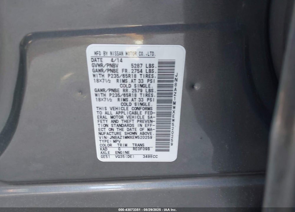 2014 NISSAN MURANO VIN: JN8AZ1MWXEW520259