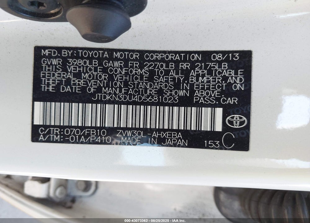 2013 TOYOTA PRIUS VIN: JTDKN3DU4D5681023