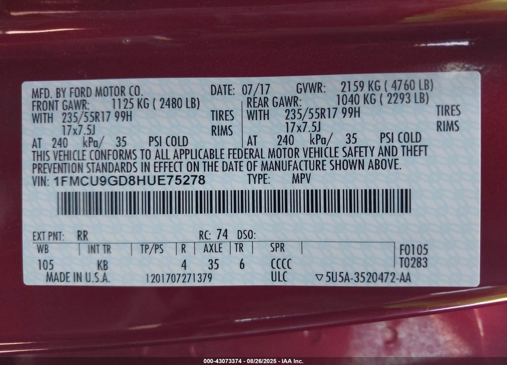 2017 FORD ESCAPE VIN: 1FMCU9GD8HUE75278