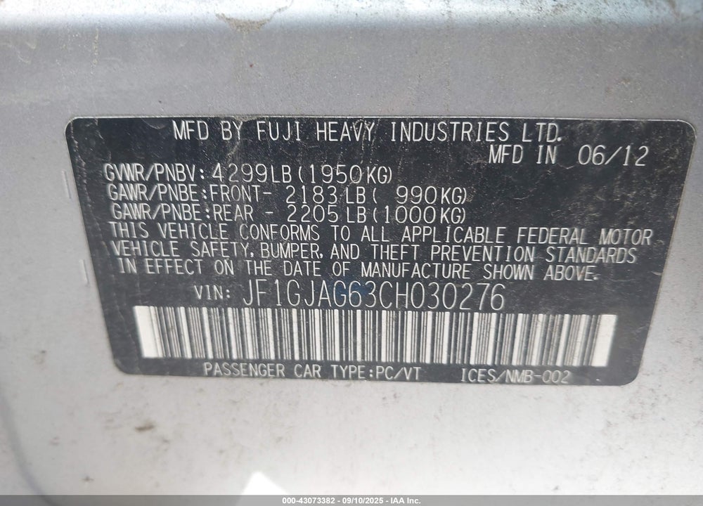 2012 SUBARU IMPREZA VIN: JF1GJAG63CH030276