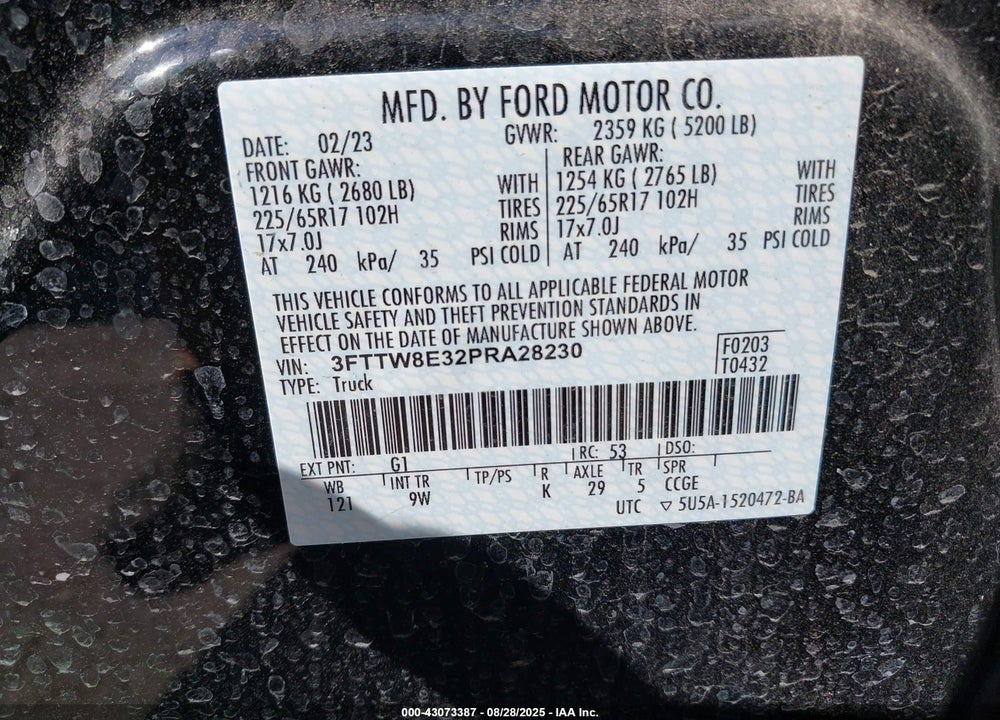 2023 FORD MAVERICK VIN: 3FTTW8E32PRA28230