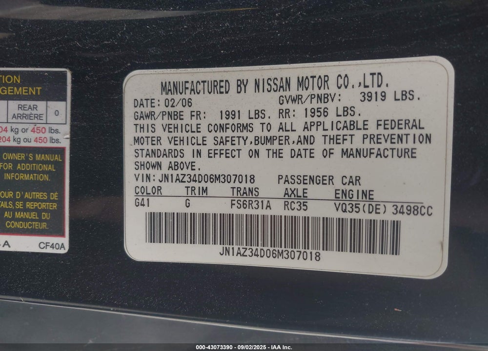 2006 NISSAN 350Z VIN: JN1AZ34D06M307018