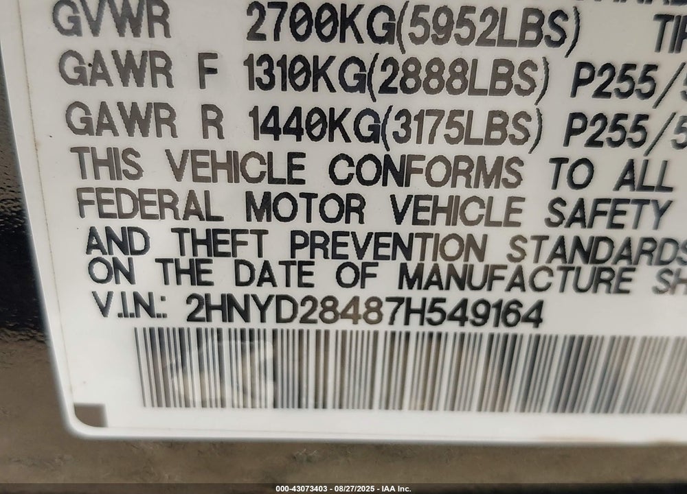 2007 ACURA MDX TECHNOLOGY PACKAGE VIN: 2HNYD28487H549164