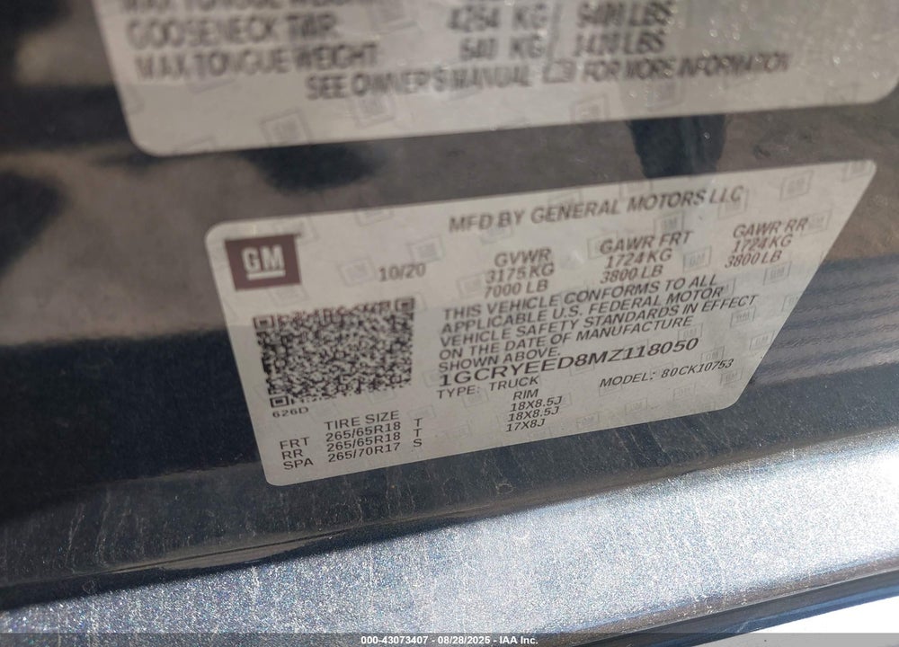 2021 CHEVROLET SILVERADO 1500 VIN: 1GCRYEED8MZ118050