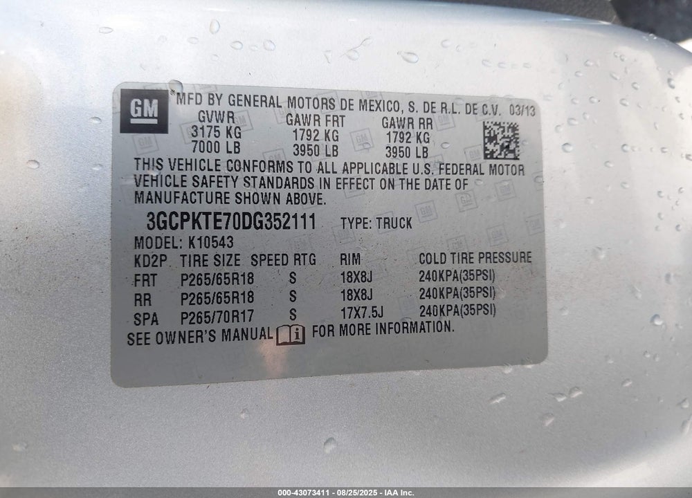 2013 CHEVROLET SILVERADO 1500 VIN: 3GCPKTE70DG352111