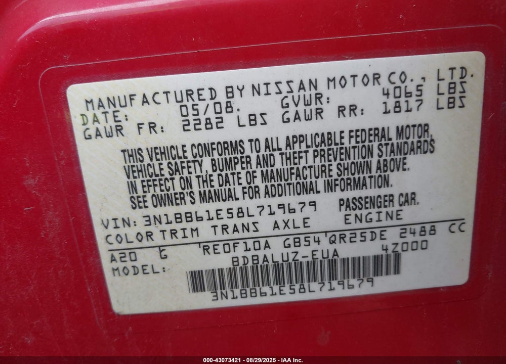 2008 NISSAN SENTRA SE-R VIN: 3N1BB61E58L719679