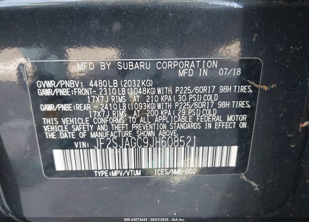 2018 SUBARU FORESTER 2.5I PREMIUM VIN: JF2SJAGC9JH608521