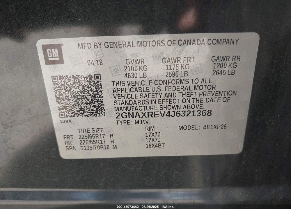 2018 CHEVROLET EQUINOX VIN: 2GNAXREV4J6321368