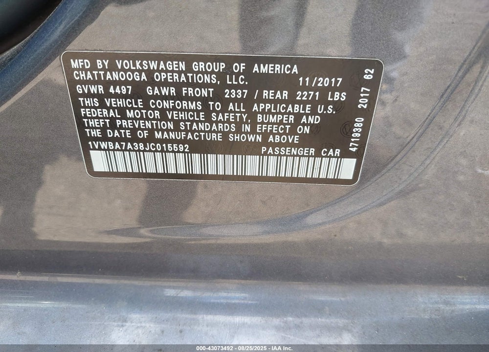 2018 VOLKSWAGEN PASSAT VIN: 1VWBA7A38JC015592