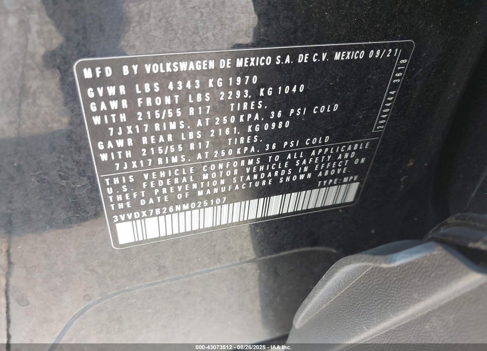 2022 VOLKSWAGEN TAOS VIN: 3VVDX7B26NM025107