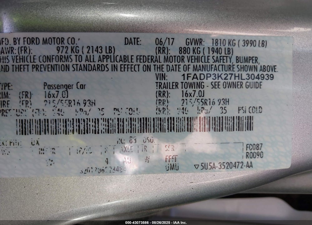 2017 FORD FOCUS VIN: 1FADP3K27HL304939