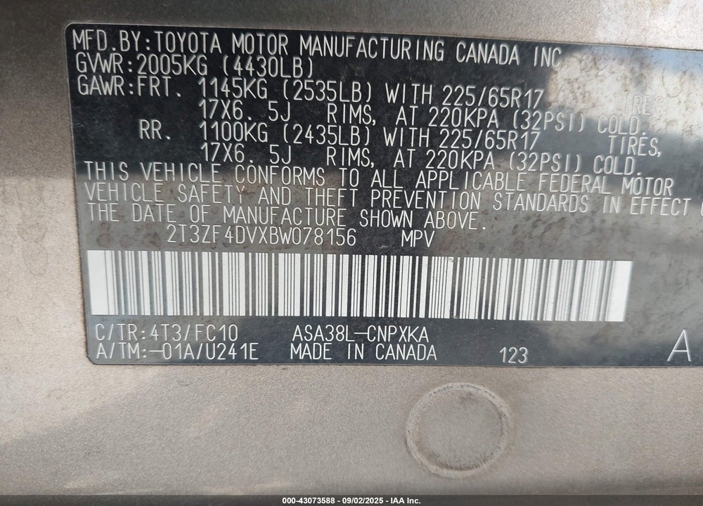 2011 TOYOTA RAV4 VIN: 2T3ZF4DVXBW078156