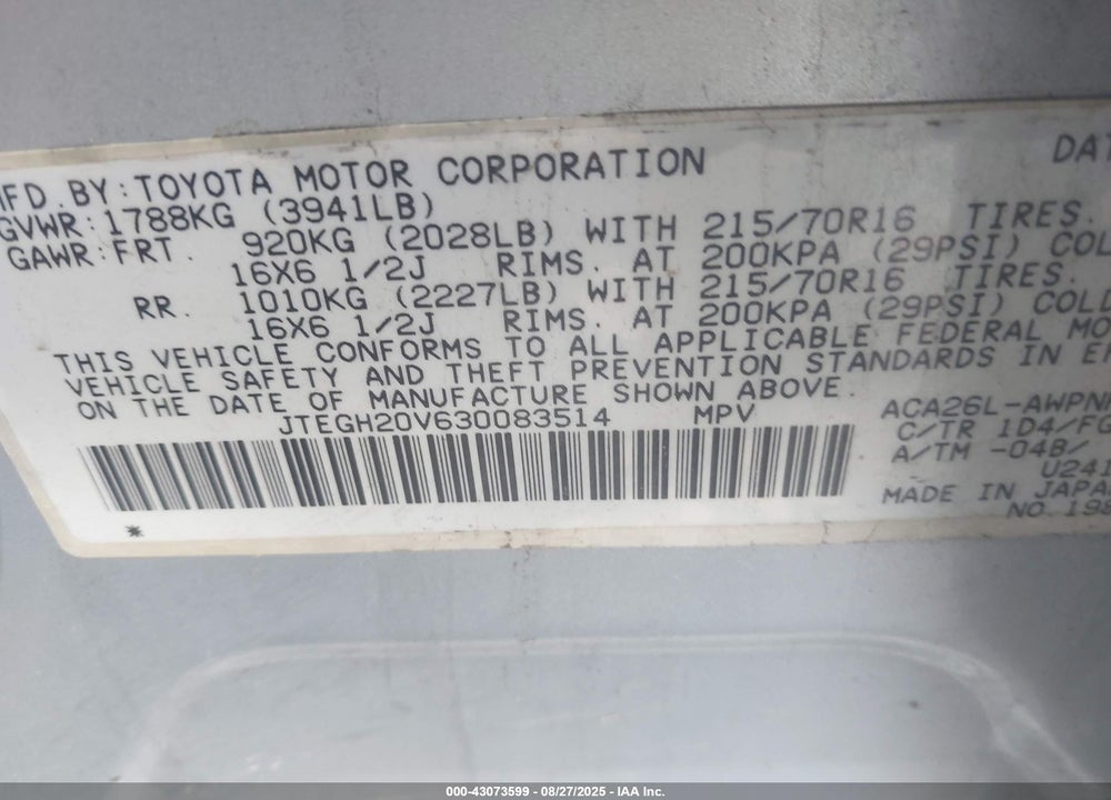 2003 TOYOTA RAV4 VIN: JTEGH20V630083514
