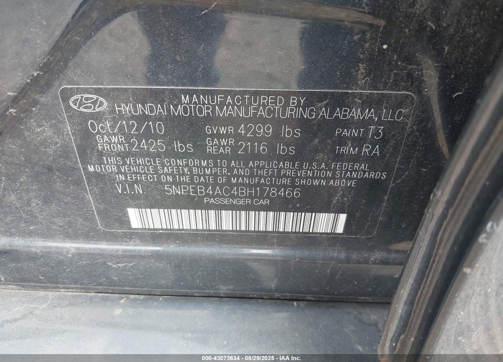 2011 HYUNDAI SONATA VIN: 5NPEB4AC4BH178466
