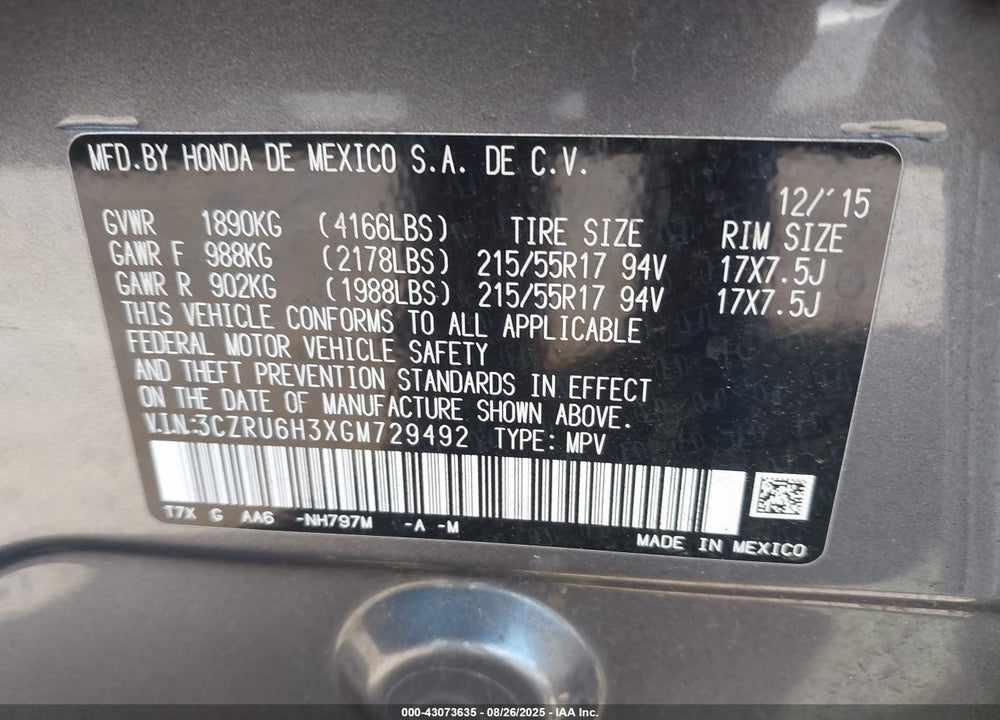 2016 HONDA HR-V VIN: 3CZRU6H3XGM729492