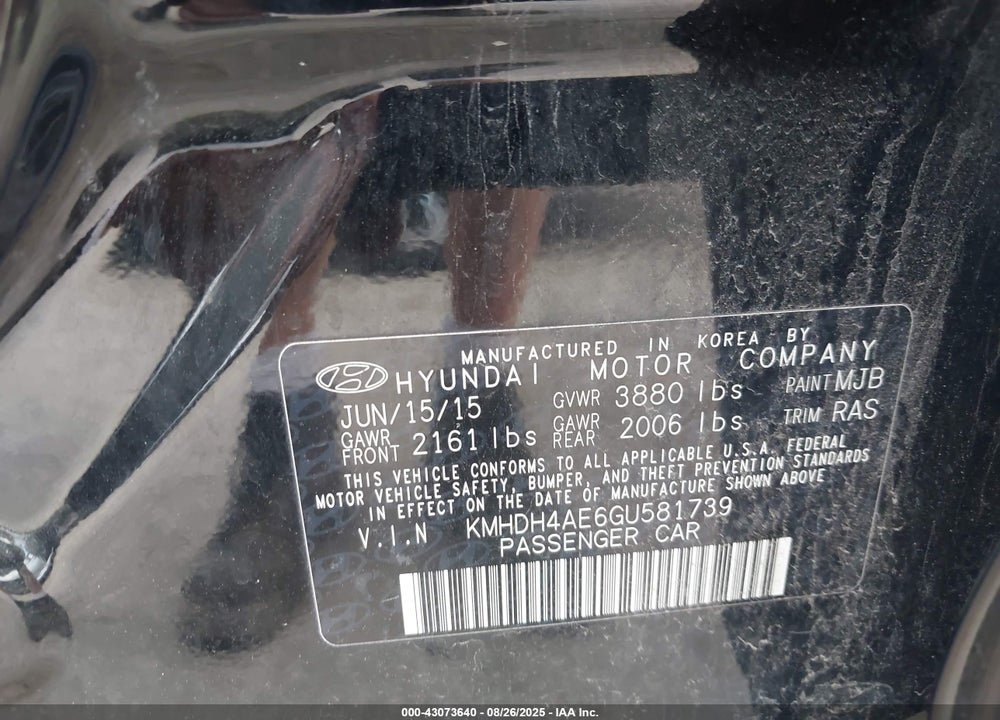 2016 HYUNDAI ELANTRA SE VIN: KMHDH4AE6GU581739