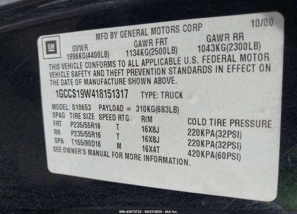 2001 CHEVROLET S-10 LS VIN: 1GCCS19W418151317