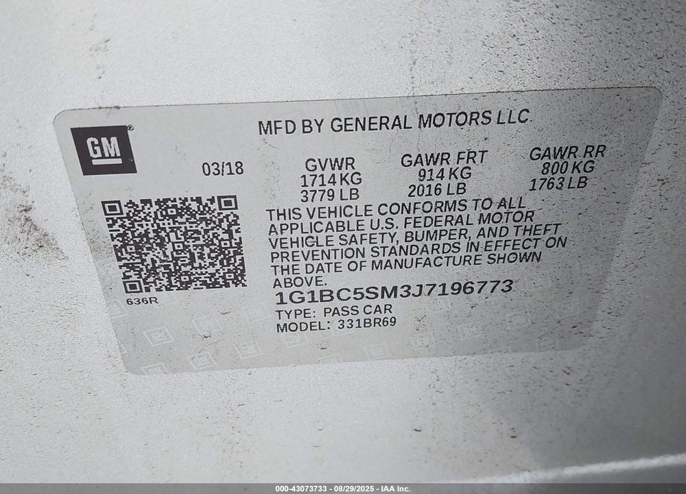 2018 CHEVROLET CRUZE LS AUTO VIN: 1G1BC5SM3J7196773