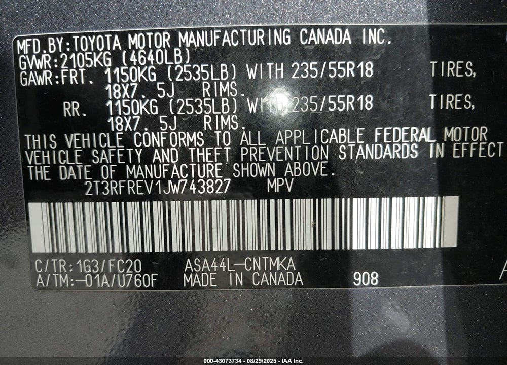 2018 TOYOTA RAV4 VIN: 2T3RFREV1JW743827