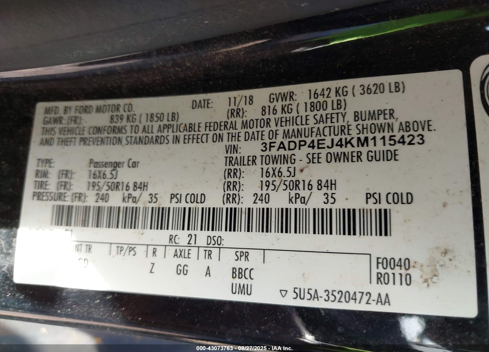 2019 FORD FIESTA VIN: 3FADP4EJ4KM115423