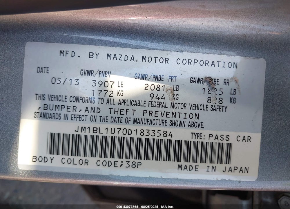 2013 MAZDA 3 VIN: JM1BL1U70D1833584