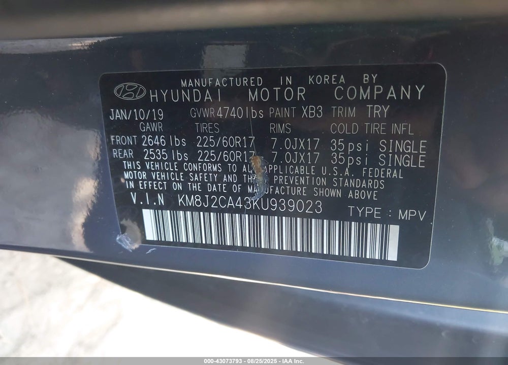 2019 HYUNDAI TUCSON VIN: KM8J2CA43KU939023