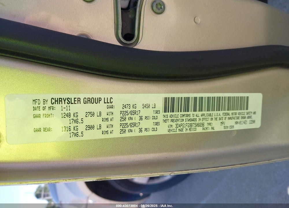 2011 DODGE JOURNEY VIN: 3D4PG1FG9BT506696